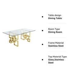 Meridian Furniture 714-T Pierre Collection Modern | Contemporary Square Glass Dining Table With Stainless Steel Base And Rich Gold Finish, 78" W X 39" D X 30" H -Songmics Furniture Shop 31pkALgNNbL