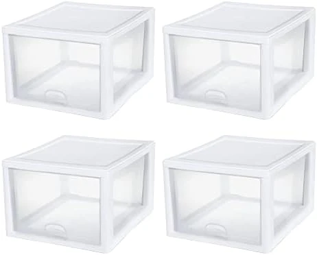 Sterilite 27 Quart White Frame Clear Plastic Stackable Storage Container Bin W/Single Drawer, 4 Pack 13 Sterilite 27 Quart White Frame Clear Plastic Stackable Storage Container Bin W/Single Drawer, 4 Pack - Image 13