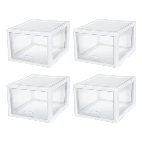Sterilite 27 Quart White Frame Clear Plastic Stackable Storage Container Bin W/Single Drawer, 4 Pack 1 Sterilite 27 Quart White Frame Clear Plastic Stackable Storage Container Bin W/Single Drawer, 4 Pack