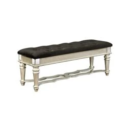 Button Tufted Fabric Bench With Mirror Accents And Turned Legs Silver Solid Modern Contemporary Wood Natural Finish