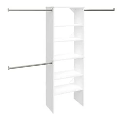 ClosetMaid SuiteSymphony Wood Closet Organizer Starter Kit Tower And 3 Hang Rods, Shelves, Adjustable, Fits Spaces 5 – 10 Ft. Wide, Pure White, 25"