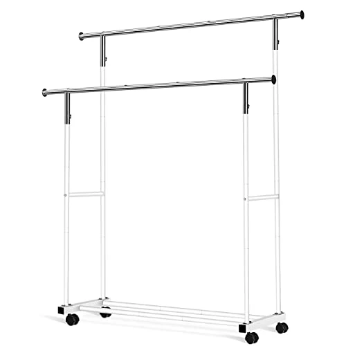 VICERII Double Clothing Rack, 55.51 Inch Garment Rack With Wheels And Bottom Shelf, 130LB Capacity Heavy Duty Rolling Clothes Racks For Hanging Clothes, Coats, Shirts, Sweaters, Skirts, White 1 VICERII Double Clothing Rack, 55.51 Inch Garment Rack With Wheels And Bottom Shelf, 130LB Capacity Heavy Duty Rolling Clothes Racks For Hanging Clothes, Coats, Shirts, Sweaters, Skirts, White