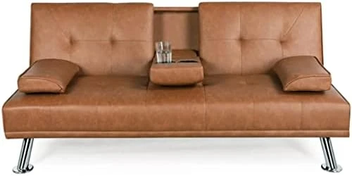 JAHH Faux Leather Futon Multifunctional Convertible Folding Bed Sofa With Cupholders Pillows 4 JAHH Faux Leather Futon Multifunctional Convertible Folding Bed Sofa With Cupholders Pillows - Image 4