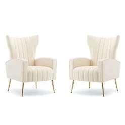 HOMEFUN Accent Chair Set Of 2, Velvet Wingback Armchair Modern Upholstered Single Sofa With Metal Legs For Living Room Bedroom Nursery, Beige