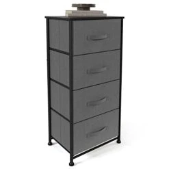 Sehloran 4 Drawer Dresser For Bedroom, Dessers Storage Tower, Chests Of Drawers, Removable Tall Fabric Bins, Dresser Organizers Unit For Hallway, Entryway, Closets, Wood Top, Gray