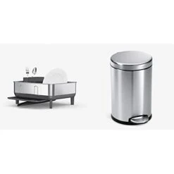 Simplehuman Compact Kitchen Dish Drying Rack With Swivel Spout, Fingerprint-Proof Stainless Steel Frame, Grey Plastic & 4.5 Liter / 1.2 Gallon Round Bathroom Step Trash Can, Brushed Stainless Steel