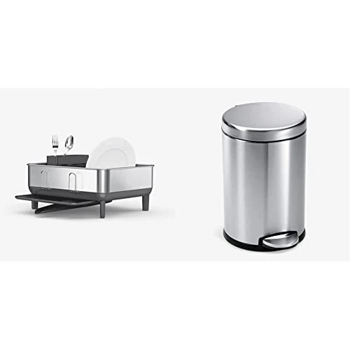 Simplehuman Compact Kitchen Dish Drying Rack With Swivel Spout, Fingerprint-Proof Stainless Steel Frame, Grey Plastic & 4.5 Liter / 1.2 Gallon Round Bathroom Step Trash Can, Brushed Stainless Steel 1 Simplehuman Compact Kitchen Dish Drying Rack With Swivel Spout, Fingerprint-Proof Stainless Steel Frame, Grey Plastic & 4.5 Liter / 1.2 Gallon Round Bathroom Step Trash Can, Brushed Stainless Steel