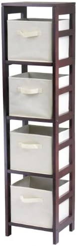 Winsome Wood Capri Wood 4 Section Storage Shelf With 4 Beige Fabric Foldable Baskets