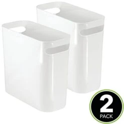 MDesign Plastic Small Trash Can, 1.5 Gallon/5.7-Liter Wastebasket, Narrow Garbage Bin With Handles For Bathroom, Laundry, Home Office - Holds Waste, Recycling, 10" High, Aura Collection, 2 Pack, White