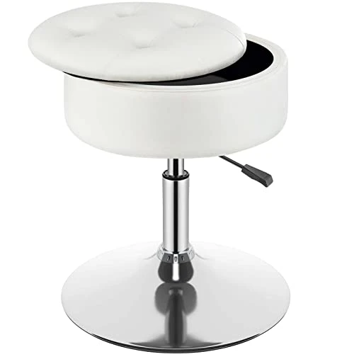 GREENSTELL Vanity Stool With Storage, 360°Swivel Makeup Stool, 17.9" To 24.2" Height Adjustable PU Leather Vanity Chair With Removeable Tray, Modern Round Ottoman For Bedroom Bathroom White 1 GREENSTELL Vanity Stool With Storage, 360°Swivel Makeup Stool, 17.9" To 24.2" Height Adjustable PU Leather Vanity Chair With Removeable Tray, Modern Round Ottoman For Bedroom Bathroom White