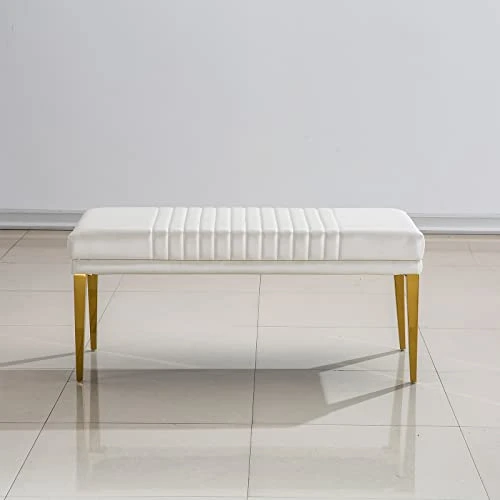 AUZ 3 Pieces Dining Room Bench Sets, White PU Leather Ottoman With 2 Channel Back Dining Chairs In White Gold 5 AUZ 3 Pieces Dining Room Bench Sets, White PU Leather Ottoman With 2 Channel Back Dining Chairs In White Gold - Image 5