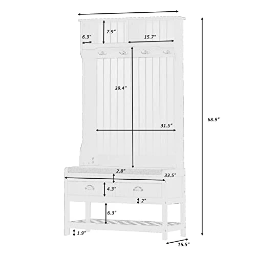 ZSQ Hall Tree With 4 Hooks And Hinged Lid, 69" Coat Hanger & Entryway Bench, 3-in-1 Design Storage Bench For Entrance, Hallway (White) 4 ZSQ Hall Tree With 4 Hooks And Hinged Lid, 69" Coat Hanger & Entryway Bench, 3-in-1 Design Storage Bench For Entrance, Hallway (White) - Image 4