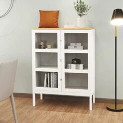RASOO Kitchen Storage Cabinet Tall White Buffet Sideboard 3-Tiers Display Cabinet With 2 Doors， Metal Lges -Songmics Furniture Shop 41 1kFGyPhL. AC
