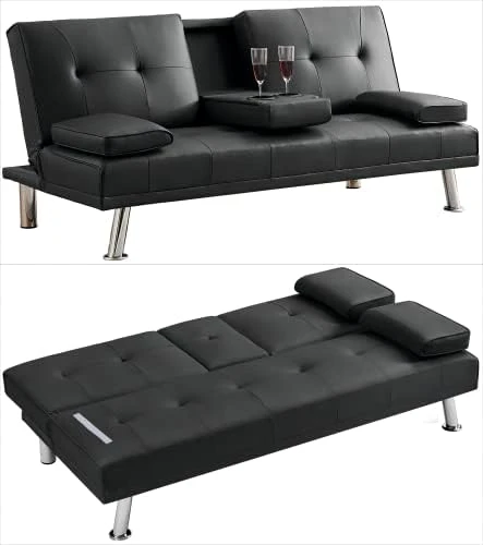 FREEHOMAE Futon Sofa Bed, Faux Leather Couch With Armrest And 2 Cup Holders, Sofa Bed Couch Convertible With Metal Legs, Folding, Reclining Small Couch Bed, Futon Bed For Living Room 4 FREEHOMAE Futon Sofa Bed, Faux Leather Couch With Armrest And 2 Cup Holders, Sofa Bed Couch Convertible With Metal Legs, Folding, Reclining Small Couch Bed, Futon Bed For Living Room - Image 4