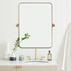 MOON MIRROR 24" X 36" Brushed Gold Metal Framed Pivot Rectangle Bathroom Mirror For Wall, Tilting Rounded Corner Rectangular Vanity Mirror Hangs Vertical Only -Songmics Furniture Shop 41 fjRfgQL. AC