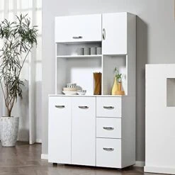 HOMCOM 66" Buffet With Hutch, Freestanding Kitchen Pantry With 2 Large Cabinets, 1 Pull Up Cabinet, 3 Drawers & Wide Countertop, White -Songmics Furniture Shop 410HNhToOSL
