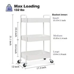 TOOLF 3-Tier Rolling Cart, Metal Utility Cart With Lockable Wheels, Storage Craft Art Cart Trolley Organizer Serving Cart Easy Assembly For Office, Bathroom, Kitchen, Kids' Room, Classroom (White) -Songmics Furniture Shop 410JPJ5lORL