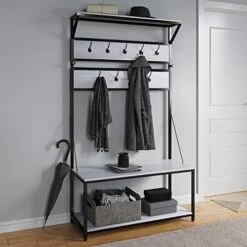BELLEZE Modern Industrial Bench Hall Tree, Entryway Storage Bench Shoe Rack, Hat And Coat Stand Accent Furniture With Black Metal Frame - Lexie (Rustic Oak) -Songmics Furniture Shop 410LjUJdqWL. AC