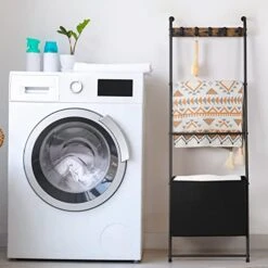 Vrisa Blanket Ladder Wall Leaning 5-Tier Metal Blanket Holder With Shelf Blanket Holder With Storage Basket Ladder Rack With 5 Hanging Hooks For Bathroom Living Room Bedroom Rustic Brown -Songmics Furniture Shop 410TJf5ZqkL