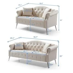 HomSof 2 Pieces Velvet Living Room Set, Classic Chesterfield Sofa Loveseat And 3 Couch With Button Tufted And Rolled Arms, 4 Pillows Included, 5 Seater, Beige(5-Seater)