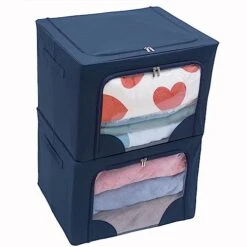 Tasmegol 2 Pack 72L Stackable Steel Metal Frame Clothes Storage Bins Foldable Zipper Cloth Box Oxford Fabric Clothing Bags Large Clear Window Closet Containers Organizer For Bedding Sweater