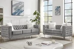 Mikibama Velvet Loveseat Sofa Couch Set For Living Room, Modern Decor Furniture Tufted Sofa Set With Nailhead Acrylic Legs And 2 Pillows For Bedroom, Hall(Grey) -Songmics Furniture Shop 410qa2udJgL. AC