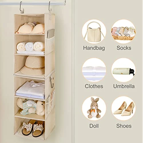 TOPIA HOME 6-Shelf Hanging Closet Organizer, Two Separable 3-Tier Thickened Fabric Hanging Closet Shelves With Mesh Pockets, Collapsible Closet Organizers And Storage Organization, Beige 4 TOPIA HOME 6-Shelf Hanging Closet Organizer, Two Separable 3-Tier Thickened Fabric Hanging Closet Shelves With Mesh Pockets, Collapsible Closet Organizers And Storage Organization, Beige - Image 4