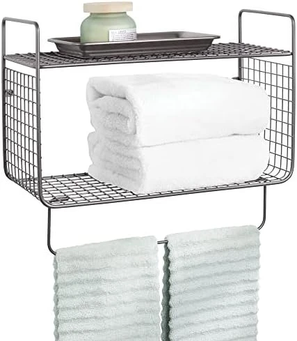 MDesign Steel Wall Mount Storage Organizer Shelf Rack With Towel Bar - Mounted Shelves For Bathroom, Laundry Room, Kitchen, Garage - Basket For Hand Towels, Washcloth - Concerto Collection - White 8 MDesign Steel Wall Mount Storage Organizer Shelf Rack With Towel Bar - Mounted Shelves For Bathroom, Laundry Room, Kitchen, Garage - Basket For Hand Towels, Washcloth - Concerto Collection - White - Image 8
