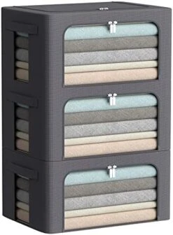 3Pack Frame Storage Box - Clothes Storage Bin Bags Oxford Fabric Foldable Stackable Container Organizer Set With Clear Window & Carry Handles Large Capacity (Grey, Large-66L) -Songmics Furniture Shop 4112pvY1ZpL. AC