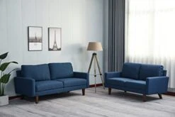 INSTORY Linen Sofa Set Modern Sofa & Loveseat Set 2 Piece Couch Set With Wooden Legs For Living Room, Office, Bedroom - Dark Blue -Songmics Furniture Shop 4113XbeCAUL