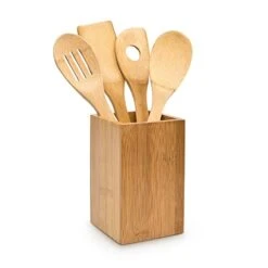 Relaxdays Bamboo Cooking Set With Spoon, Ladle With Hole, Spatula Und Container, Brown