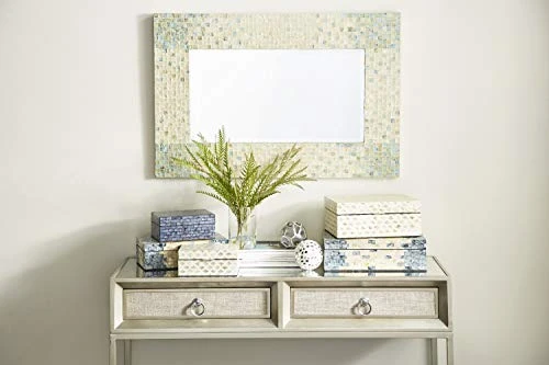 Deco 79 Mother Of Pearl Handmade Mosaic Wall Mirror With Blue Corners, 24" X 1" X 36", Cream 1 Deco 79 Mother Of Pearl Handmade Mosaic Wall Mirror With Blue Corners, 24" X 1" X 36", Cream