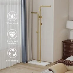HKaikzo Double-pole Coat Rack Freestanding, Modern Metal Coat Racks Hanger Stand With 5 Hooks And Natural Marble Base, For Bedroom, Office, Hallway, Entryway, Living Room Gold… -Songmics Furniture Shop 411RyF7CoyL