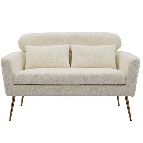 Betoko 51‘’ Loveseat Sofa Small Couch Two Seat Mid Century Modern Sofa With 2 Throw Pillows And Gold Metal Legs For Small Space Office Studio Apartments Bedroom,Ivory 5 Betoko 51‘’ Loveseat Sofa Small Couch Two Seat Mid Century Modern Sofa With 2 Throw Pillows And Gold Metal Legs For Small Space Office Studio Apartments Bedroom,Ivory - Image 5