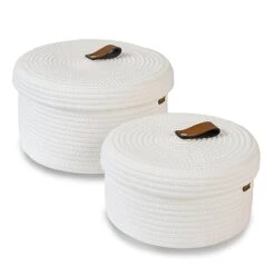 DENJA & CO Round Baskets With Lids - Set Of 2 Decorative Baskets With Lids For Organizing - Cotton Rope Lidded Baskets With Genuine Leather Tabs - Storage Baskets With Lids