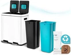 Home Zone Living 15.8 Gallon Kitchen Trash Can, Dual Removable Liners For Recycling And Trash, CleanAura Odor Control, Wide Stainless Steel Shape (7.9 + 7.9 For 15.8 Gallon Total) -Songmics Furniture Shop 411XLg5JfWL. AC