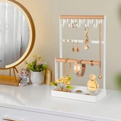 GEAMSAM Jewelry Organizer Necklace Holder, 4-Tier Earring Display Stand With 10 Hooks Ear Stud Holes, Bracelet Holder Bottom Ring Tray For Women Necklaces Earrings Watches Storage On Dresser -Songmics Furniture Shop 411ZGSCyOML