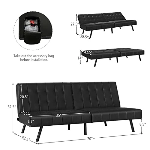 YTYZC Futon Sofa Bed PU Leather Convertible Folding Couch Sleeper Lounge Convenient Installation (Color : Black) 4 YTYZC Futon Sofa Bed PU Leather Convertible Folding Couch Sleeper Lounge Convenient Installation (Color : Black) - Image 4