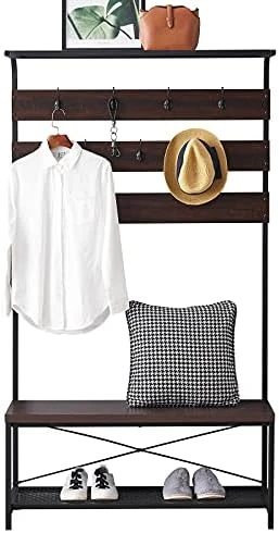 Entryway Coat Rack Bench, Modern Hall Tree With Storage Bench, Wood And Metal Hallway Bench With Coat Rack, 39x70 Inch Espresso 6 Entryway Coat Rack Bench, Modern Hall Tree With Storage Bench, Wood And Metal Hallway Bench With Coat Rack, 39x70 Inch Espresso - Image 6