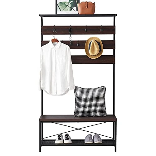 Entryway Coat Rack Bench, Modern Hall Tree With Storage Bench, Wood And Metal Hallway Bench With Coat Rack, 39x70 Inch Espresso 1 Entryway Coat Rack Bench, Modern Hall Tree With Storage Bench, Wood And Metal Hallway Bench With Coat Rack, 39x70 Inch Espresso