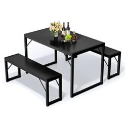 Bealife Dining Table Set For 4, Modern Kitchen Table Set With 2 Benches, 45.5in 3-Piece Soho Dining Room Table Set With Metal Frame And MDF Board, Sturdy Structure, Space-Saving Furniture (Black)