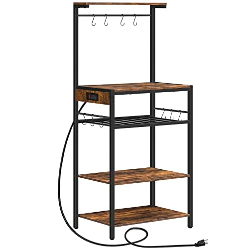 HOOBRO Bakers Rack With Power Outlet, 4-Tier Microwave Stand With Adjustable Wine Rack, Coffee Bar With 10 S-Shaped Hooks, For Kitchen, Living Room, Dinning Room, Rustic Brown BF60UHB01 1 HOOBRO Bakers Rack With Power Outlet, 4-Tier Microwave Stand With Adjustable Wine Rack, Coffee Bar With 10 S-Shaped Hooks, For Kitchen, Living Room, Dinning Room, Rustic Brown BF60UHB01