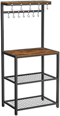 VASAGLE Kitchen Storage, Bakers Rack, Coffee Bar, 3-Tier Shelf, 6 S-Hooks, For Microwave, Spice Jars, Pots And Pans, Industrial, Rustic Brown And Black UKKS023B01 -Songmics Furniture Shop 4122r5NR FL. AC