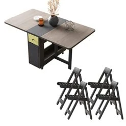 FUNROLUX Folding Dining Table And 4 Piece Folding Chair Set Grey Extendable Dining Table Holds 4 Chairs With Storage Rack And 2 Drawers