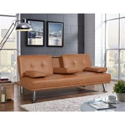 JAHH Faux Leather Futon Multifunctional Convertible Folding Bed Sofa With Cupholders Pillows