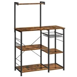 VASAGLE Baker's Rack, Microwave Stand, Kitchen Storage Rack With Wire Basket, 6 Hooks, And Shelves, For Spices, Pots, And Pans, Rustic Brown And Black UKKS35X