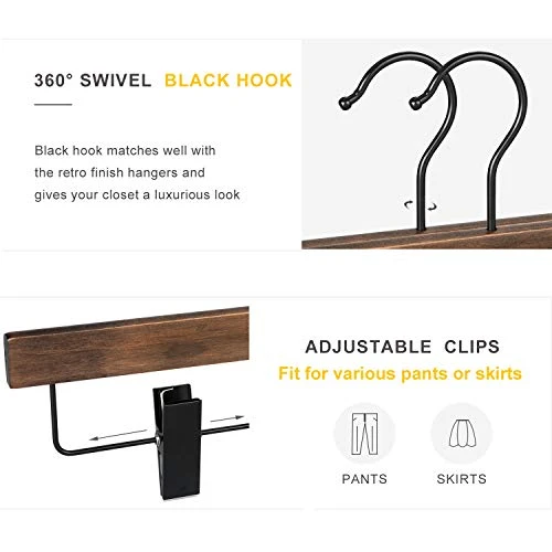 TOPIA HANGER Pants Hangers, Wooden Skirt Hangers With Adjustable Metal Clips, Premium Retro Finish And 360°Swivel Black Hook, Jean Hangers For Closet,10 Pack, CT03A 2 TOPIA HANGER Pants Hangers, Wooden Skirt Hangers With Adjustable Metal Clips, Premium Retro Finish And 360°Swivel Black Hook, Jean Hangers For Closet,10 Pack, CT03A - Image 2