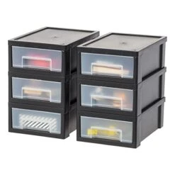 IRIS USA Small Desktop Stacking Drawer, 6-Pack, Sliding Plastic Drawer Storage Container For Stationery Art Craft Supplies Fabric Tools Kitchen Pantry Office And Garage Organization, Black