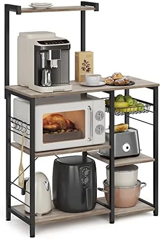 VASAGLE Baker's Rack, Microwave Stand, Kitchen Storage Rack With Wire Basket, 6 Hooks, And Shelves, For Spices, Pots, And Pans, Rustic Brown And Black UKKS35X 5 VASAGLE Baker's Rack, Microwave Stand, Kitchen Storage Rack With Wire Basket, 6 Hooks, And Shelves, For Spices, Pots, And Pans, Rustic Brown And Black UKKS35X - Image 5