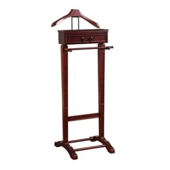 Proman Products Bombay Suit Valet Stand VL16700 With Drawer, Top Tray, Contour Hanger, Trouser Bar, And Shoe Rack, 18" W X 16" D X 48" H, Mahogany